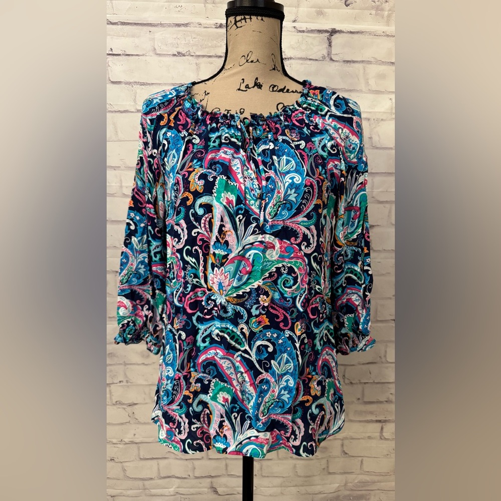 Talbots Petite Small Paisley Tie Neck Popover Top Ruffle Rayon 3/4 Sleeve Blue
